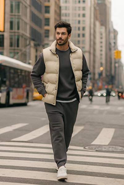 tiggirmoda Vestă gonflabilă și set de sus și de jos din lână groasă, cu gâtul rotund, cu 3 fire, set de 3