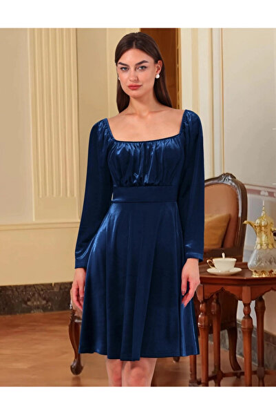 OEM Rochie de cocktail pentru femei Wedtrend, mărimea XL, catifea, elegantă, decolteu pătrat, lungime până la genunchi, albastră