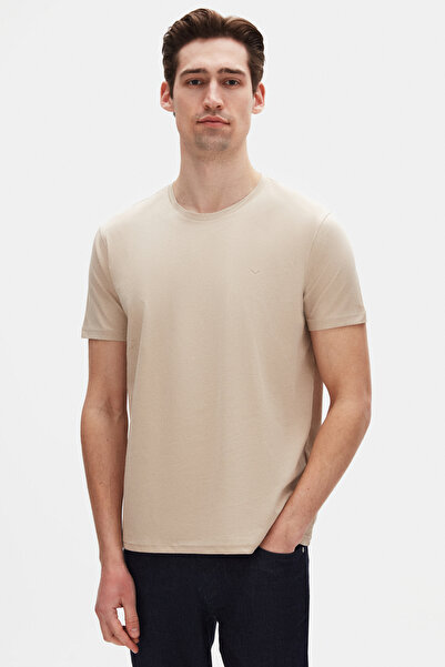 D'S Damat Ds Damat Regular Fit Beige Plain Embroidered 100% Cotton T-Shirt