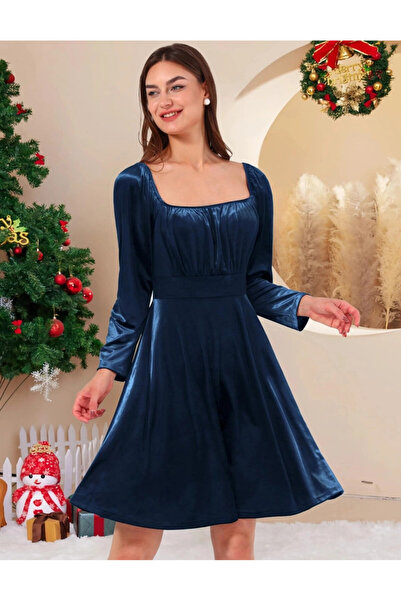 OEM Rochie de cocktail pentru femei Wedtrend, mărimea XL, catifea, elegantă, decolteu pătrat, lungime până la genunchi, albastră