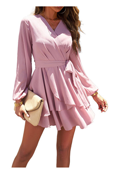 OEM Γυναικείο φόρεμα Jiraewh, πολυεστέρας, ροζ, μέγεθος S, με κορδόνι, V-neck