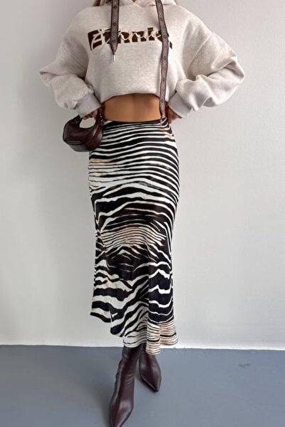 Hisleria Zebra Pattern Verev Viscose Satin Fabric Midi Length Skirt