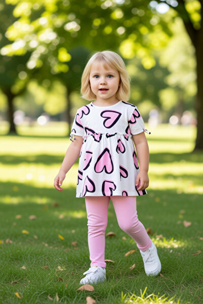 PayBuy Girls' Cotton Heart Pattern Crew Neck Short Sleeve Top and Leggings Set Quality Stylish Comfortable