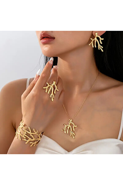 İnci Mercan Bujiteri 5 Parça Retro Sokak Stili Mercan Tasarımı Manşet Bileklik, Yüzük ve Küpe Seti