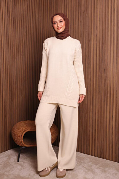 Mogi Butik Women's Oversized Knitted Patterned Pants Hijab Knitwear Set 3117