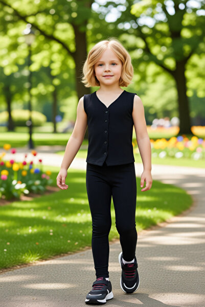 PayBuy Girl's V-Neck Buttoned Corded Fabric Piece Vest and Stretchy Leggings Set Quality Stylish Comfortable