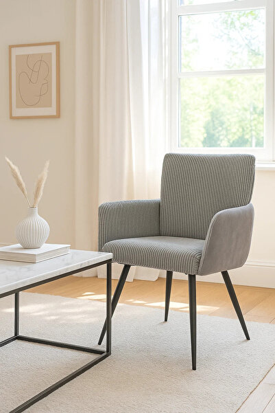 MARIA HOMES Contemporary Light Grey Corduroy Armchair with Metal Legs, Comfortable Modern Accent Chair