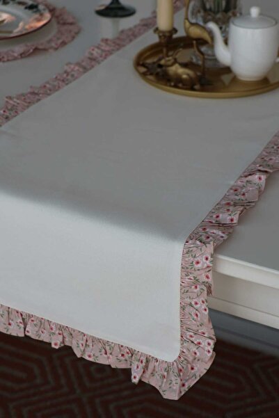vintagetasarım Runner Off-White Ruffled Floral Vintage 40X130Cm Duck Linen