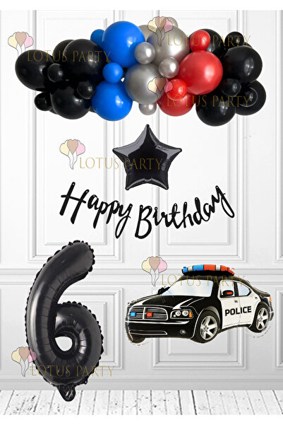 LOTUS PARTY Polis Temalı Doğum Günü Polis Arabası Folyo Balon Siyah Kırmızı G...