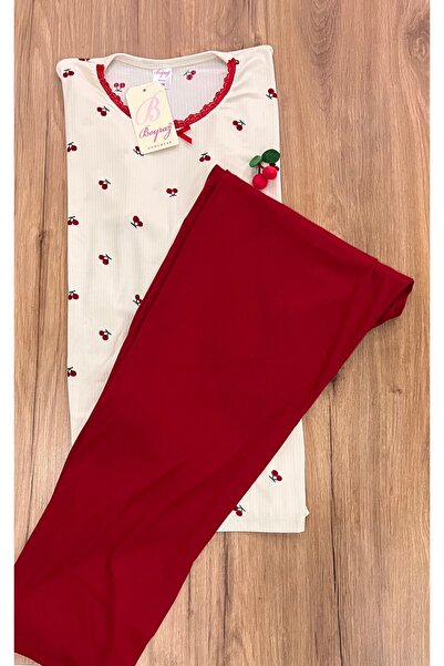 BOYRAZ Kiraz Desenli Raporlu Interlok Pijama Takımı - Uzun Kollu Rahat Pamuklu Kışlık Ev Giyim