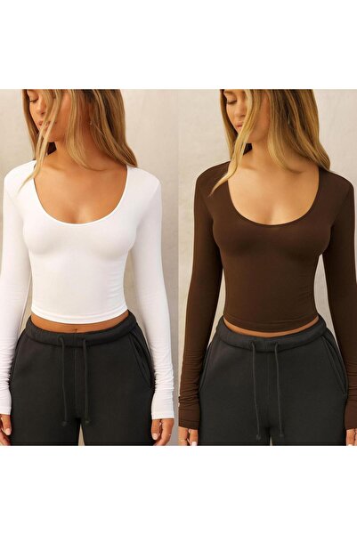 ÖZ PAMUK Square Neck 2-Pack Basic Plain Fabric Long Sleeve Lycra Blouse