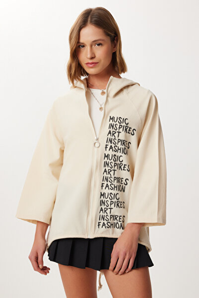 Lovelyİstanbul Printed Hooded Raw Linen Jacket Lsa0018 Cream