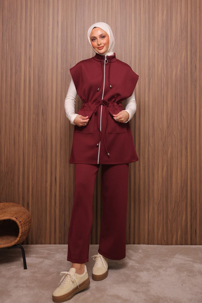 Mogi Butik Women's Scuba Fabric Drawstring Waist Belted Vest Set Hijab Set 3119