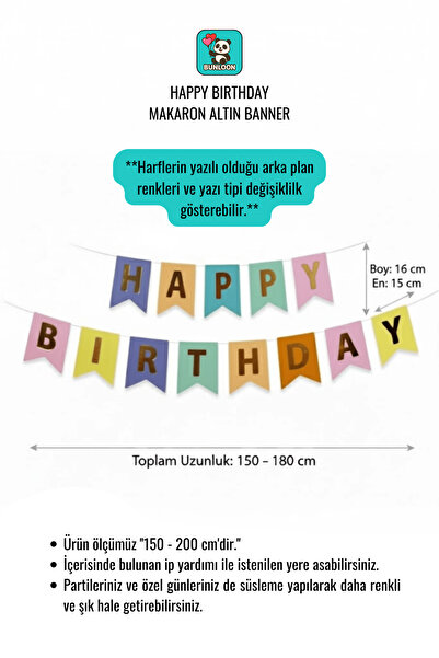 Bunloon Makaron Gold Happy Birthday Written Banner – Stylish Birthday Lettering in Pastel Tones
