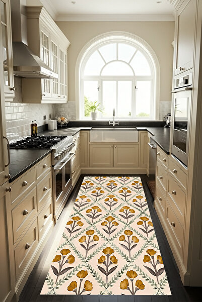 Etnik Dekor Sarı Çiçek Desenli Kaymaz Taban Makinede Kolay Yıkanabilir Siline...