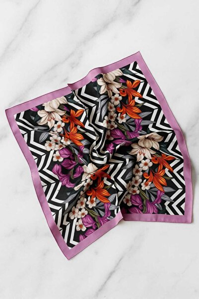 bahia butik aksesuar Women'S, Floral Patterned Black-White Zigzag Square Scar...