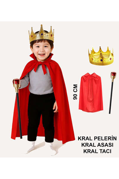 ZERO LAND NRZSNT Çocuk Kral Kostüm Seti – Kırmızı Pelerin, Taç ve Asa (222639) (90 cm)
