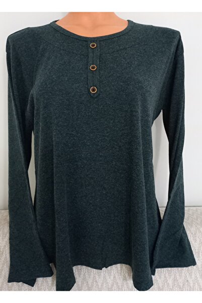 Anne Er Clothing Winter Cotton Combed Cotton Blouse Long Sleeve Crew Neck Green