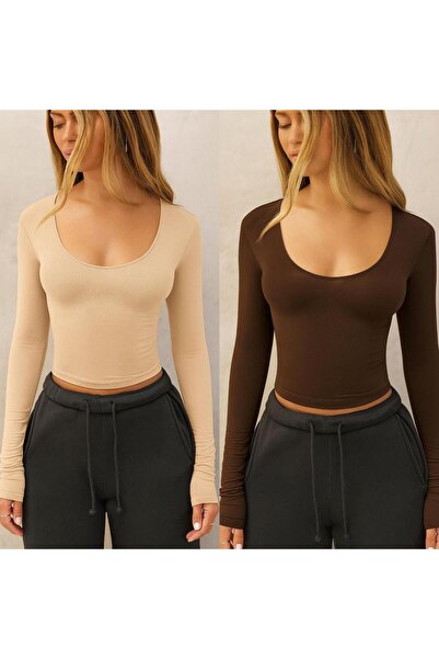 ÖZ PAMUK Square Neck 2-Pack Basic Plain Fabric Long Sleeve Lycra Blouse