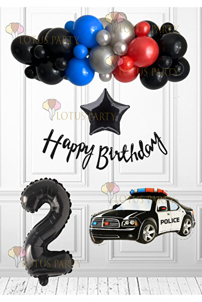 LOTUS PARTY Polis Temalı Doğum Günü Polis Arabası Folyo Balon Siyah Kırmızı G...
