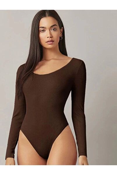 bysoca Kadın Kahverengi Geniş U Yaka Uzun Kollu Sandy Kumaş Basic Tanga Bodysuit