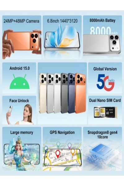 MYWORLD i17 Pro max Smartphone 6.8" HD Unlocked Android 8+256GB 8000mAh 24+48MP Dual SIM