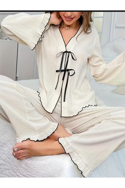 ELMODA Women's White Front-Tie Pajama Set