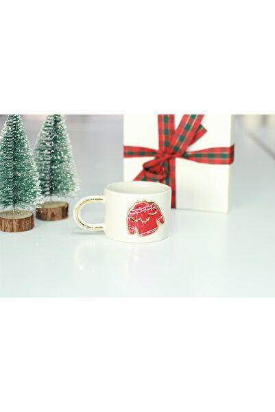 AlpilA Kırmızı Kazak Yılbaşı Hediyesi 24 K Dekorlu Seramik Fincan