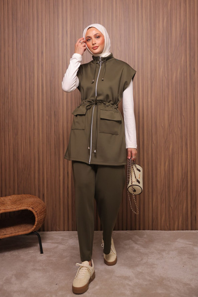 Mogi Butik Women's Scuba Fabric Drawstring Waist Belted Vest Set Hijab Set 3119