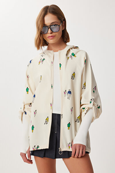 Lovelyİstanbul Printed Transitional Raw Linen Jacket Lsa0001 Cream Green