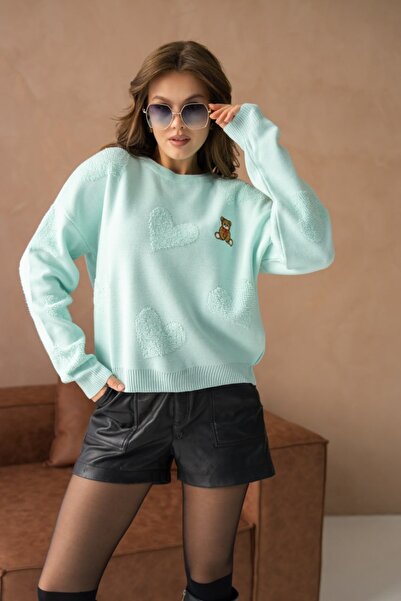 Noi Belis Oversized Heart and Teddy Bear Detailed Crew Neck Knitwear Sweater Aw25Kz0071
