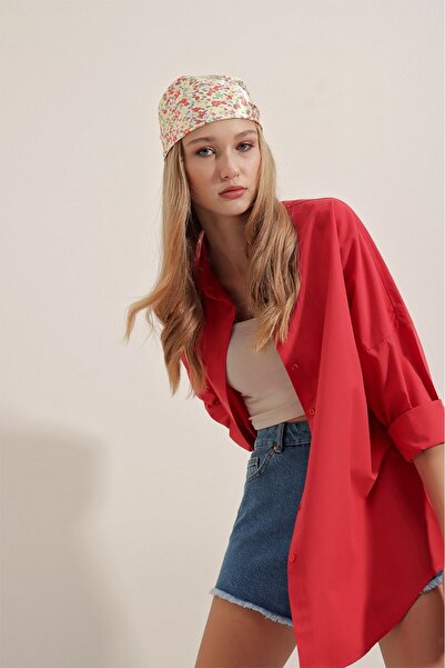 NorthAK Women's Red Oversized Long Basic Shirt Without Pockets