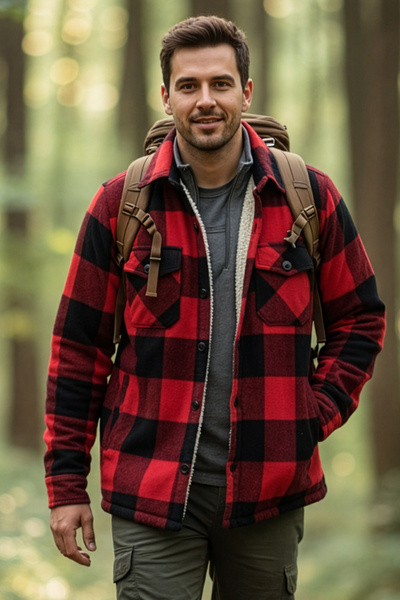 modacix İçi Kürklü Oduncu Gömlek - Rahat Kalıp Kışlık Ekose Desen Erkek Oduncu Tip Gömlek