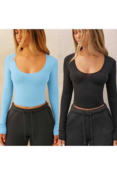 ÖZ PAMUK Square Neck 2-Pack Basic Plain Fabric Long Sleeve Lycra Blouse