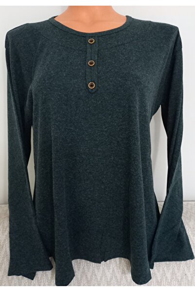 Anne Er Clothing Winter Cotton Combed Cotton Blouse Long Sleeve Crew Neck Green