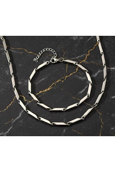 PINARIN TAKI DÜNYASI AKSESUAR 316L Silver Çelik Unisex Klasik Zincir Kolye Bileklik Seti