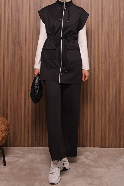 Mogi Butik Women's Scuba Fabric Drawstring Waist Belted Vest Set Hijab Set 3119