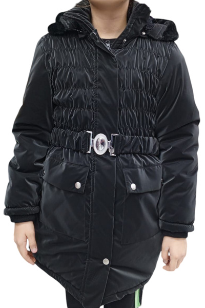 İrem Çocuk Giyim Girl's Black Midi Length Coat with Gipeli on the Front, Belt...