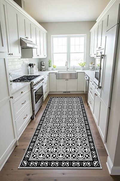 Etnik Dekor Siyah-Beyaz Fayans Desenli Kaymaz Taban Makinede Kolay Yıkanabili...