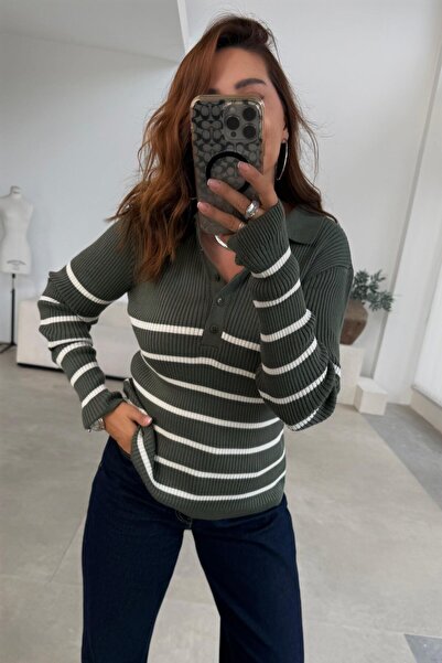 ELVAN TOLON Khaki Striped Buttoned Collar Knitwear