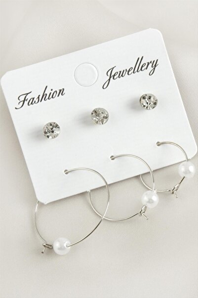 ZERO LAND Nrzsnt 6 Pcs Pearl Stone Hoop Earrings 2.5 (234647) Cm-Silver Color