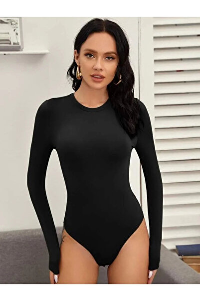bysoca Kadın Siyah Uzun Kollu Bisiklet Yaka Vücudu Saran Sandy Kumaş Basic Tanga Bodysuit