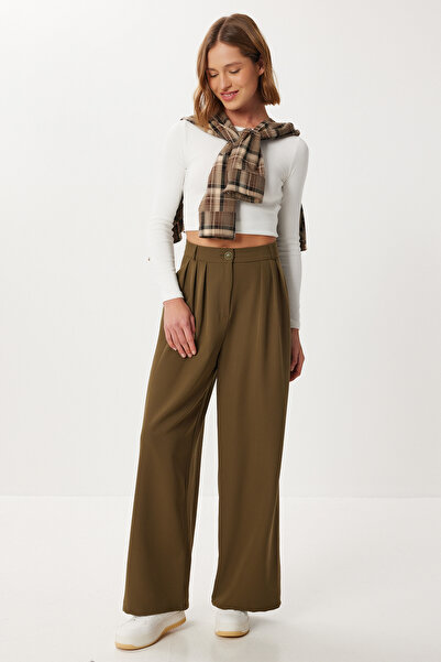 Lovelyİstanbul Pleated Woven Palazzo Pants Ldw0009 Khaki