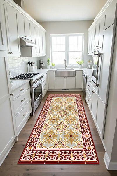 Etnik Dekor Kırmızılı-Buz Mavili Fayans Desenli Kaymaz Taban Makinede Kolay Y...