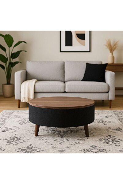 ZİERRA Yeni Nesil Modern Yuvarlak Puf Ceviz Ahşap Orta Sehpa