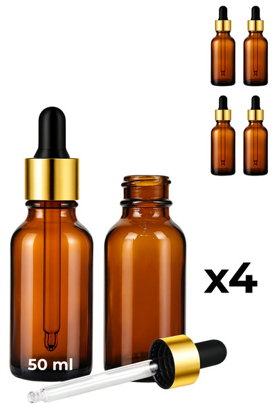 Seray Cam 4-Pack of 50 ml Amber Glass Serum Bottles + Gold Metal Cap with Bla...