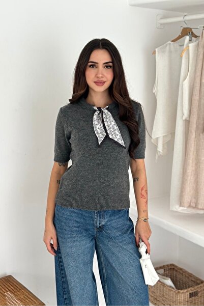 Noi Belis Ribbon Detailed Short Sleeve Soft Textured Knitwear Sweater Aw25Kz0072