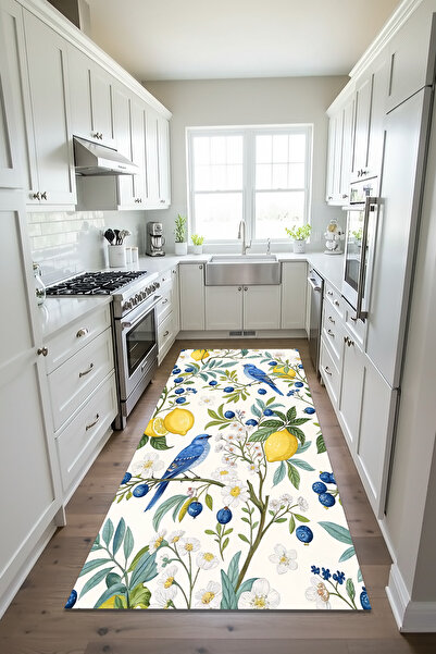 Etnik Dekor Kuş-Limon Desenli Kaymaz Taban Makinede Kolay Yıkanabilir Silinebilir Salon Halısı