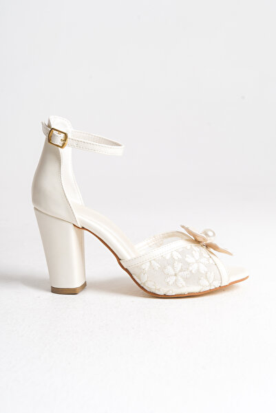 FOLLOWIN Women's Lace Floral Detailed Pearl Thick Heeled Wedding Wedding Bridal Shoes