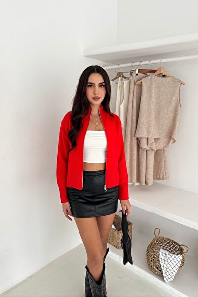 Noi Belis Basic Double Zipper Detailed Mock Neck Knitwear Cardigan Aw25Hi0054